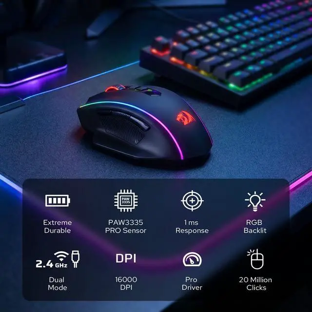Alt view image 3 of 7 - M686 Wireless Gaming Mouse, 16000 DPI Wired/Wireless Gamer Mouse with Professional Sensor, 45-Hour Reliable Power Capacity, Customizable Macro and RGB Backlight for PC/Mac/Laptop