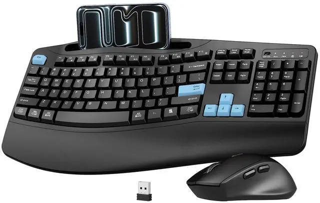 Main image of Wireless Keyboard and Mouse Combo, Full Size Ergonomic Wave Keys(Blue)