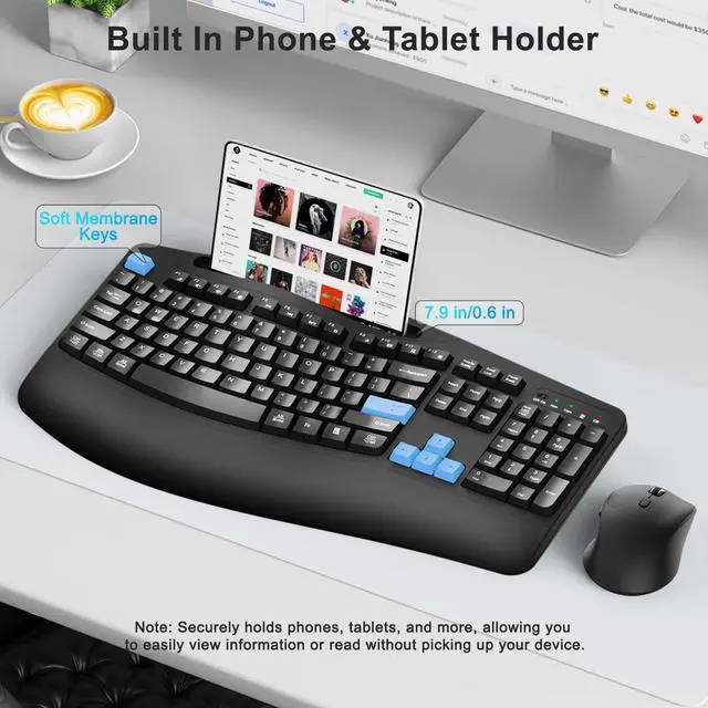 Alt view image 3 of 7 - Wireless Keyboard and Mouse Combo, Full Size Ergonomic Wave Keys(Blue)