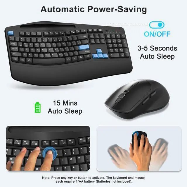 Alt view image 4 of 7 - Wireless Keyboard and Mouse Combo, Full Size Ergonomic Wave Keys(Blue)