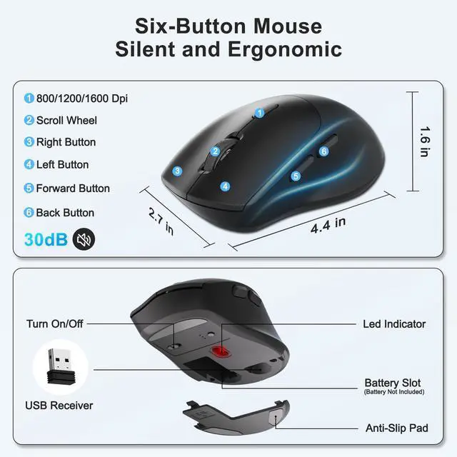 Alt view image 5 of 7 - Wireless Keyboard and Mouse Combo, Full Size Ergonomic Wave Keys(Blue)