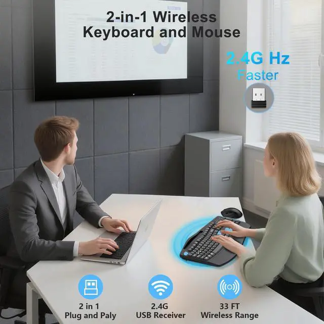 Alt view image 6 of 7 - Wireless Keyboard and Mouse Combo, Full Size Ergonomic Wave Keys(Blue)
