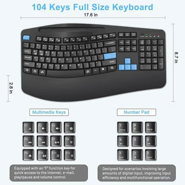 Alt view image 7 of 7 - Wireless Keyboard and Mouse Combo, Full Size Ergonomic Wave Keys(Blue)