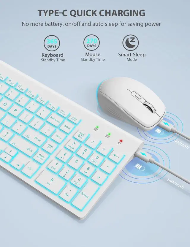 Alt view image 4 of 7 - Wireless Keyboard and Mouse Combo Backlit - Compact Quiet Keyboard with RGB Mouse, Rechargeable, Slim, Sleep Mode, Portable Cordless Keyboard Mouse Set for Mac, Windows, Laptop (Polar White)