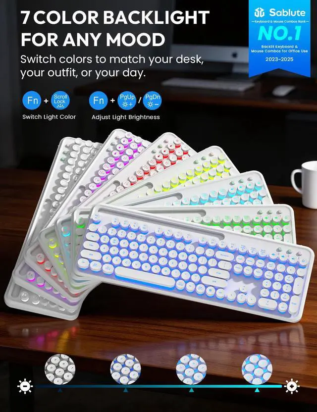 Alt view image 2 of 7 - Wireless Keyboard and Mouse Combo - Backlit Typewriter Keyboard with Magnetic Wrist Rest & Phone Holder, Light Up Round Keys, 2.4GHz Cordless Set for Mac, Windows, PC, (Cloud Dancer White)