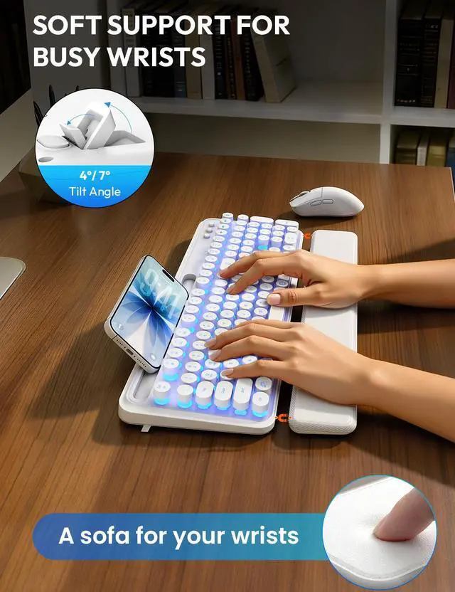Alt view image 3 of 7 - Wireless Keyboard and Mouse Combo - Backlit Typewriter Keyboard with Magnetic Wrist Rest & Phone Holder, Light Up Round Keys, 2.4GHz Cordless Set for Mac, Windows, PC, (Cloud Dancer White)