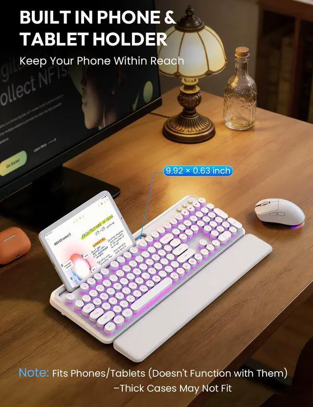 Alt view image 4 of 7 - Wireless Keyboard and Mouse Combo - Backlit Typewriter Keyboard with Magnetic Wrist Rest & Phone Holder, Light Up Round Keys, 2.4GHz Cordless Set for Mac, Windows, PC, (Cloud Dancer White)
