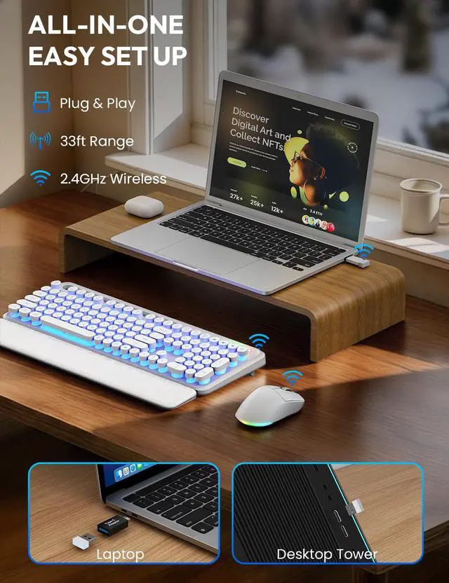Alt view image 5 of 7 - Wireless Keyboard and Mouse Combo - Backlit Typewriter Keyboard with Magnetic Wrist Rest & Phone Holder, Light Up Round Keys, 2.4GHz Cordless Set for Mac, Windows, PC, (Cloud Dancer White)