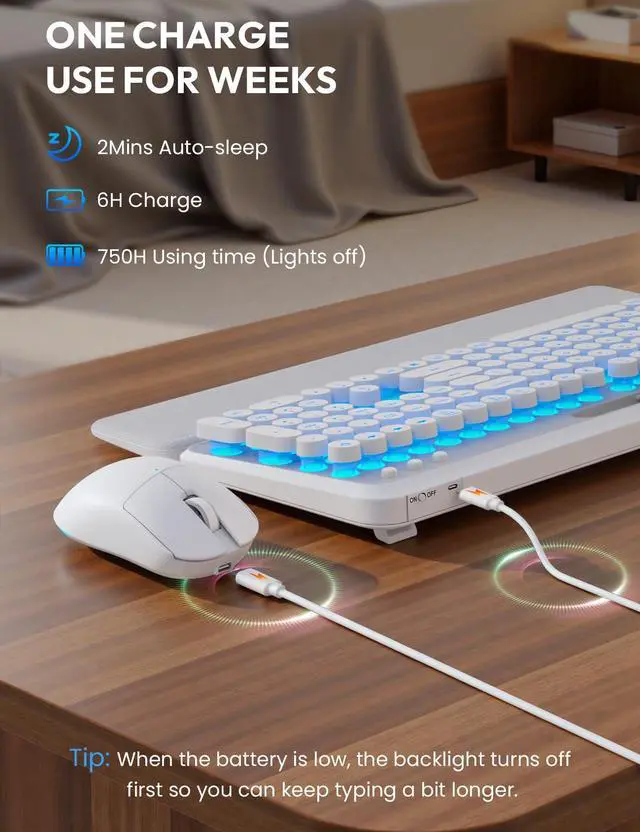 Alt view image 6 of 7 - Wireless Keyboard and Mouse Combo - Backlit Typewriter Keyboard with Magnetic Wrist Rest & Phone Holder, Light Up Round Keys, 2.4GHz Cordless Set for Mac, Windows, PC, (Cloud Dancer White)