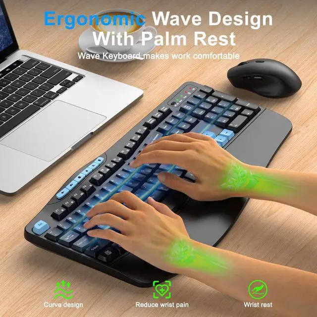 Alt view image 2 of 7 - Wireless Keyboard and Mouse Combo, Ergonomic Keyboard with 6 Multimedia Keys, 2.4G Full Size Keyboard with Wrist Rest, 3-Level DPI Wireless Silent Mouse with 6-Buttons, for Windows (Blue Black)