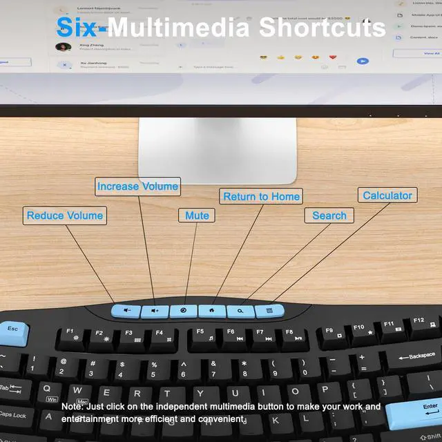 Alt view image 3 of 7 - Wireless Keyboard and Mouse Combo, Ergonomic Keyboard with 6 Multimedia Keys, 2.4G Full Size Keyboard with Wrist Rest, 3-Level DPI Wireless Silent Mouse with 6-Buttons, for Windows (Blue Black)
