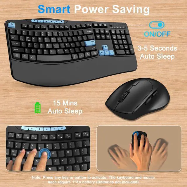 Alt view image 5 of 7 - Wireless Keyboard and Mouse Combo, Ergonomic Keyboard with 6 Multimedia Keys, 2.4G Full Size Keyboard with Wrist Rest, 3-Level DPI Wireless Silent Mouse with 6-Buttons, for Windows (Blue Black)