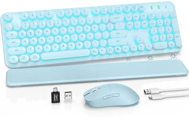 Main image of Wireless Keyboard and Mouse Combo, Backlit Round Keycaps, Retro Typewriter Keyboard with Detachable Wrist Rest, Rechargeable & Tilt Legs, 2.4GHz Cordless Connection for Windows/PC (Glowing Blue)
