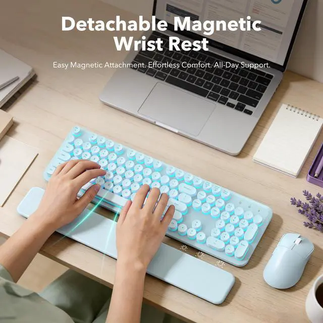 Alt view image 3 of 7 - Wireless Keyboard and Mouse Combo, Backlit Round Keycaps, Retro Typewriter Keyboard with Detachable Wrist Rest, Rechargeable & Tilt Legs, 2.4GHz Cordless Connection for Windows/PC (Glowing Blue)