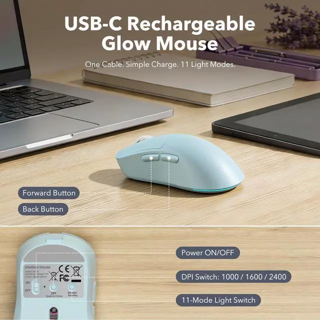 Alt view image 6 of 7 - Wireless Keyboard and Mouse Combo, Backlit Round Keycaps, Retro Typewriter Keyboard with Detachable Wrist Rest, Rechargeable & Tilt Legs, 2.4GHz Cordless Connection for Windows/PC (Glowing Blue)