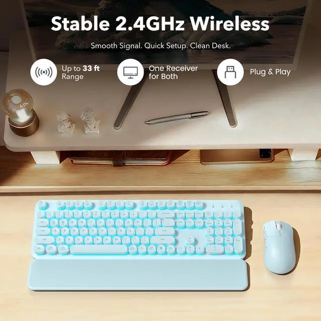 Alt view image 7 of 7 - Wireless Keyboard and Mouse Combo, Backlit Round Keycaps, Retro Typewriter Keyboard with Detachable Wrist Rest, Rechargeable & Tilt Legs, 2.4GHz Cordless Connection for Windows/PC (Glowing Blue)