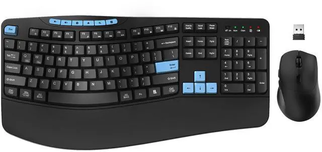 Main image of Wireless Keyboard and Mouse Combo, Ergonomic Keyboard with 6 Multimedia Keys, 2.4G Full Size Keyboard with Wrist Rest, 3-Level DPI Wireless Silent Mouse with 6-Buttons, for Windows (Blue Black)