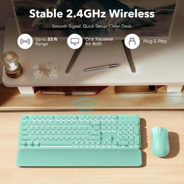 Alt view image 6 of 6 - Wireless Keyboard and Mouse Combo, Backlit Round Keycaps, Retro Typewriter Keyboard with Detachable Wrist Rest, Rechargeable & Tilt Legs, 2.4GHz Cordless Connection for Windows/PC (Glowing Turquoise)