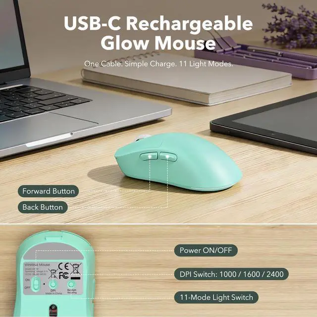 Alt view image 5 of 6 - Wireless Keyboard and Mouse Combo, Backlit Round Keycaps, Retro Typewriter Keyboard with Detachable Wrist Rest, Rechargeable & Tilt Legs, 2.4GHz Cordless Connection for Windows/PC (Glowing Turquoise)