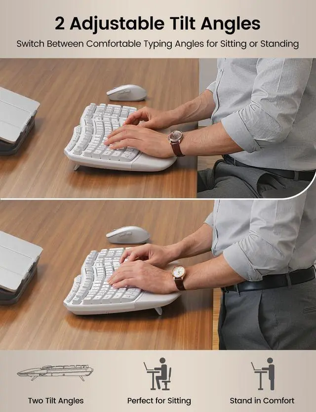 Alt view image 2 of 5 - White Ergonomic Wireless Keyboard and Mouse Combo, 2.4G Full Size Ergo Wave Key Board with Cushioned Plam Rest, Natural Typing, 3 DPI Adjustable Silent Mouse for Computer/Laptop/Windows/Mac