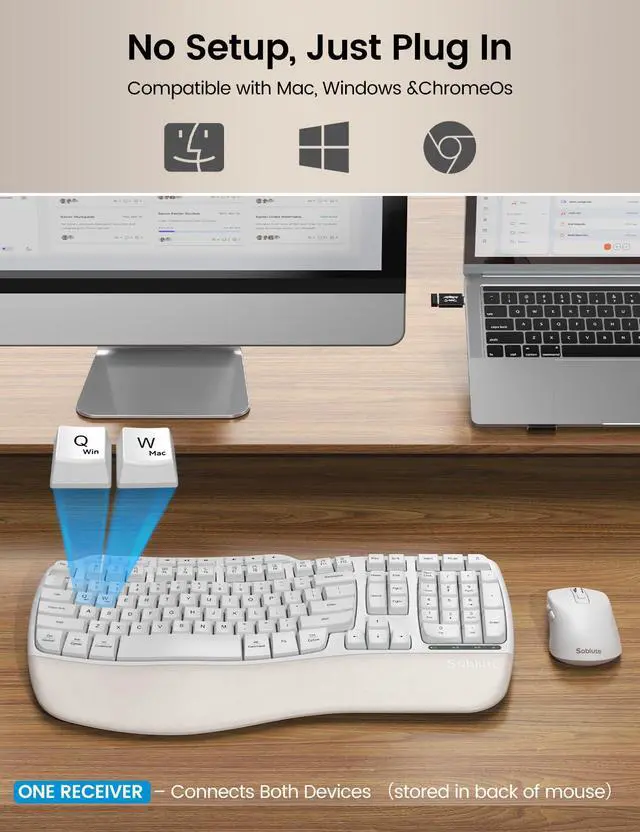 Alt view image 3 of 5 - White Ergonomic Wireless Keyboard and Mouse Combo, 2.4G Full Size Ergo Wave Key Board with Cushioned Plam Rest, Natural Typing, 3 DPI Adjustable Silent Mouse for Computer/Laptop/Windows/Mac