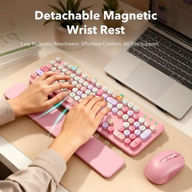 Main image of Wireless Keyboard and Mouse Combo, Cute Retro Typewriter Keyboard with Round Keycaps and Magnetic Wrist Rest, Full-Size 2.4GHz Cordless for Mac, Windows PC, Laptop, CK23, Pink Multi-Color