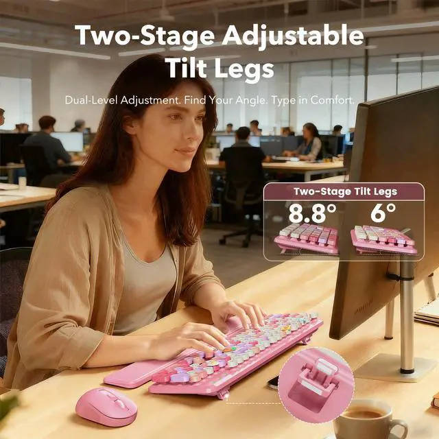 Alt view image 3 of 5 - Wireless Keyboard and Mouse Combo, Cute Retro Typewriter Keyboard with Round Keycaps and Magnetic Wrist Rest, Full-Size 2.4GHz Cordless for Mac, Windows PC, Laptop, CK23, Pink Multi-Color