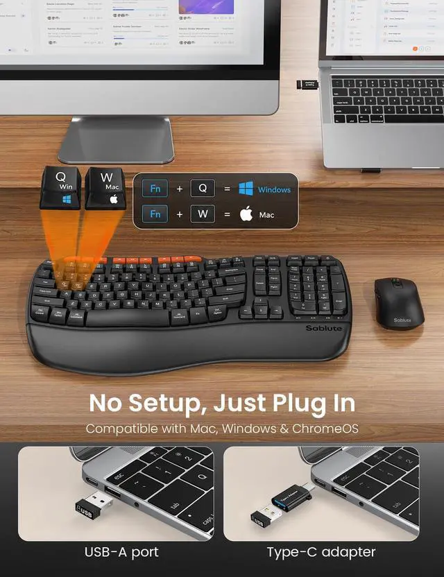 Alt view image 5 of 7 - Ergonomic Wireless Keyboard and Mouse Combo, 2.4G Full Size Wave Key Board with Cushioned Palm Rest, Natural Typing, 3 DPI Adjustable Mouse, USB-A & C for Computer/Laptop/Mac/Tablet - MA31