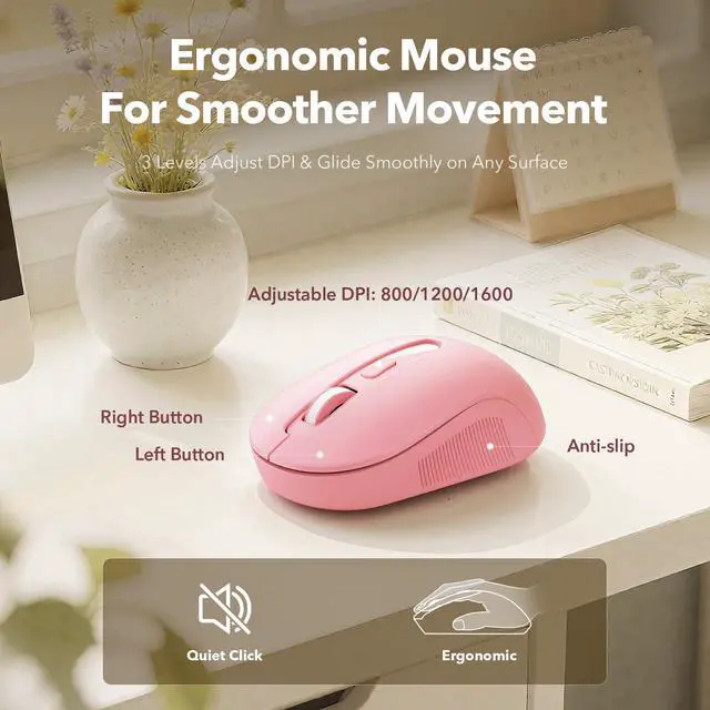 Alt view image 4 of 5 - Wireless Keyboard and Mouse Combo, Cute Retro Typewriter Keyboard with Round Keycaps and Magnetic Wrist Rest, Full-Size 2.4GHz Cordless for Mac, Windows PC, Laptop, CK23, Pink Multi-Color