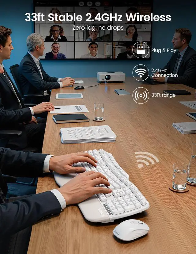 Alt view image 4 of 5 - White Ergonomic Wireless Keyboard and Mouse Combo, 2.4G Full Size Ergo Wave Key Board with Cushioned Plam Rest, Natural Typing, 3 DPI Adjustable Silent Mouse for Computer/Laptop/Windows/Mac