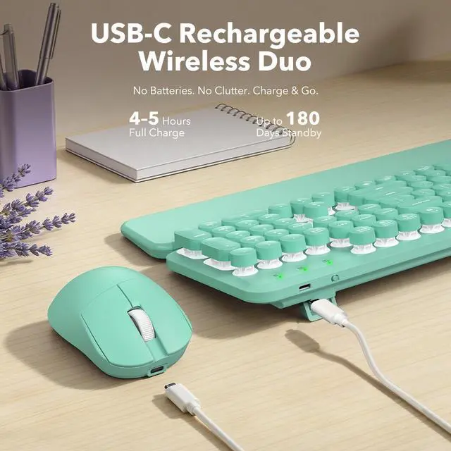 Alt view image 4 of 6 - Wireless Keyboard and Mouse Combo, Backlit Round Keycaps, Retro Typewriter Keyboard with Detachable Wrist Rest, Rechargeable & Tilt Legs, 2.4GHz Cordless Connection for Windows/PC (Glowing Turquoise)