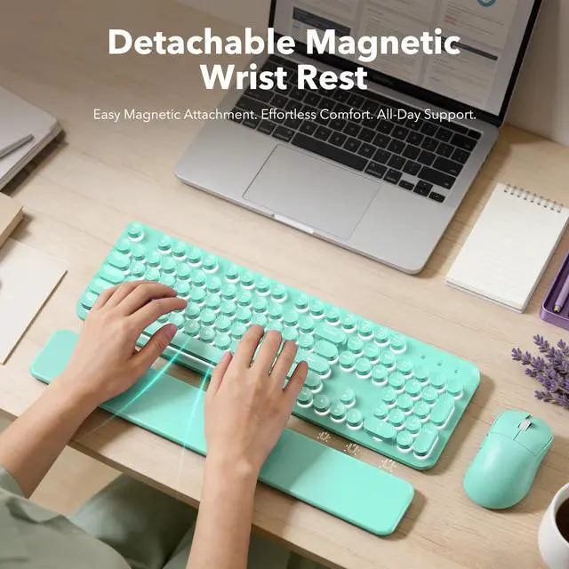 Alt view image 3 of 6 - Wireless Keyboard and Mouse Combo, Backlit Round Keycaps, Retro Typewriter Keyboard with Detachable Wrist Rest, Rechargeable & Tilt Legs, 2.4GHz Cordless Connection for Windows/PC (Glowing Turquoise)