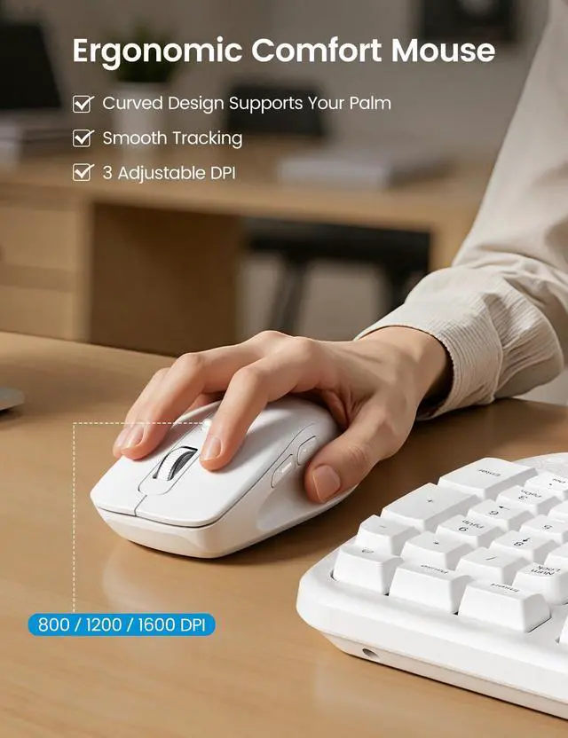 Alt view image 5 of 5 - White Ergonomic Wireless Keyboard and Mouse Combo, 2.4G Full Size Ergo Wave Key Board with Cushioned Plam Rest, Natural Typing, 3 DPI Adjustable Silent Mouse for Computer/Laptop/Windows/Mac