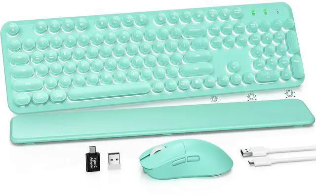 Main image of Wireless Keyboard and Mouse Combo, Backlit Round Keycaps, Retro Typewriter Keyboard with Detachable Wrist Rest, Rechargeable & Tilt Legs, 2.4GHz Cordless Connection for Windows/PC (Glowing Turquoise)