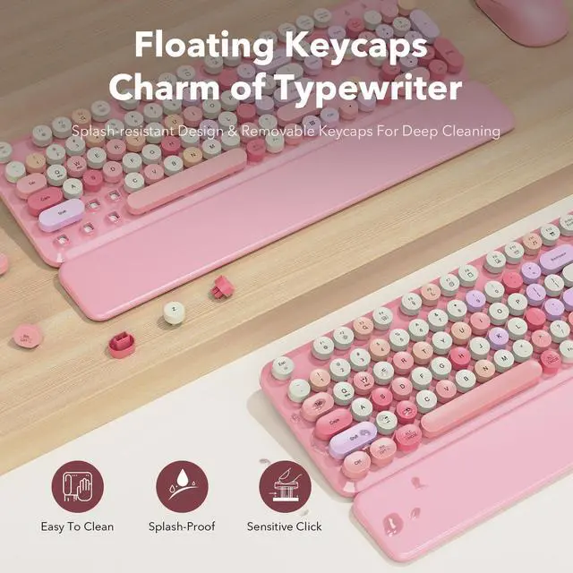 Alt view image 2 of 5 - Wireless Keyboard and Mouse Combo, Cute Retro Typewriter Keyboard with Round Keycaps and Magnetic Wrist Rest, Full-Size 2.4GHz Cordless for Mac, Windows PC, Laptop, CK23, Pink Multi-Color