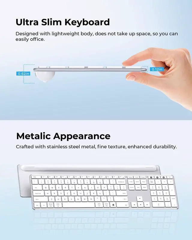 Alt view image 4 of 7 - Wireless Bluetooth Keyboard and Mouse Combo, SKM64-3 Rechargeable Slim Quiet Keyboard Mouse, 3 Multi-Device Connection, Compatible for Windows 11/10 PC Laptop Mac MacBook iPad, White Silver