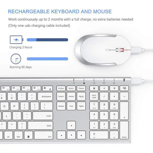 Alt view image 3 of 7 - Wireless Keyboard and Mouse, 2.4GHz Rechargeable Compact Quiet Full-Size Keyboard and Mouse Combo with Nano USB Receiver for Windows, Laptop, PC, Notebook-White Silver