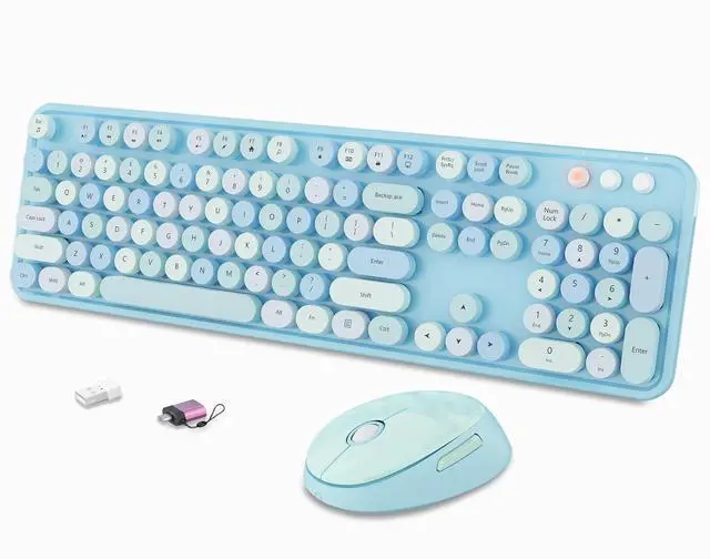 Main image of Wireless Keyboard and Mouse Combo, Ergonomic Full Size Typewriter Retro Round Keycaps Keyboard, Compatible with Windows, PC, Perfer for Home and Office Keyboards (Blue