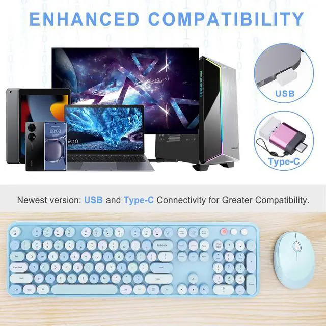 Alt view image 2 of 7 - Wireless Keyboard and Mouse Combo, Ergonomic Full Size Typewriter Retro Round Keycaps Keyboard, Compatible with Windows, PC, Perfer for Home and Office Keyboards (Blue