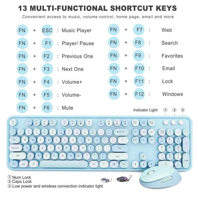 Alt view image 4 of 7 - Wireless Keyboard and Mouse Combo, Ergonomic Full Size Typewriter Retro Round Keycaps Keyboard, Compatible with Windows, PC, Perfer for Home and Office Keyboards (Blue