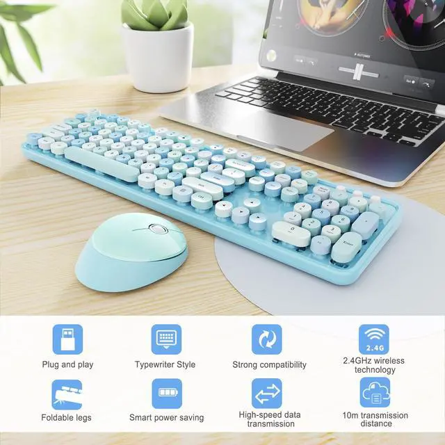 Alt view image 3 of 7 - Wireless Keyboard and Mouse Combo, Ergonomic Full Size Typewriter Retro Round Keycaps Keyboard, Compatible with Windows, PC, Perfer for Home and Office Keyboards (Blue
