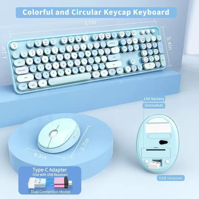 Alt view image 5 of 7 - Wireless Keyboard and Mouse Combo, Ergonomic Full Size Typewriter Retro Round Keycaps Keyboard, Compatible with Windows, PC, Perfer for Home and Office Keyboards (Blue