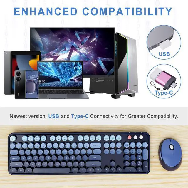 Alt view image 2 of 7 - Wireless Keyboard and Mouse Combo, Ergonomic Full Size Typewriter Retro Round Keycaps Keyboard, Compatible with Windows, PC, Perfer for Home and Office Keyboards (Twilight Blue