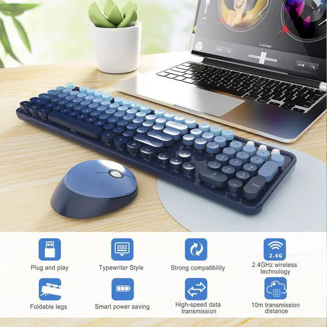 Alt view image 3 of 7 - Wireless Keyboard and Mouse Combo, Ergonomic Full Size Typewriter Retro Round Keycaps Keyboard, Compatible with Windows, PC, Perfer for Home and Office Keyboards (Twilight Blue
