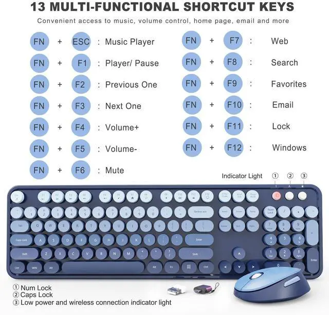 Alt view image 4 of 7 - Wireless Keyboard and Mouse Combo, Ergonomic Full Size Typewriter Retro Round Keycaps Keyboard, Compatible with Windows, PC, Perfer for Home and Office Keyboards (Twilight Blue