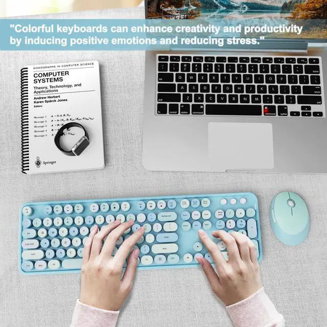 Alt view image 7 of 7 - Wireless Keyboard and Mouse Combo, Ergonomic Full Size Typewriter Retro Round Keycaps Keyboard, Compatible with Windows, PC, Perfer for Home and Office Keyboards (Blue