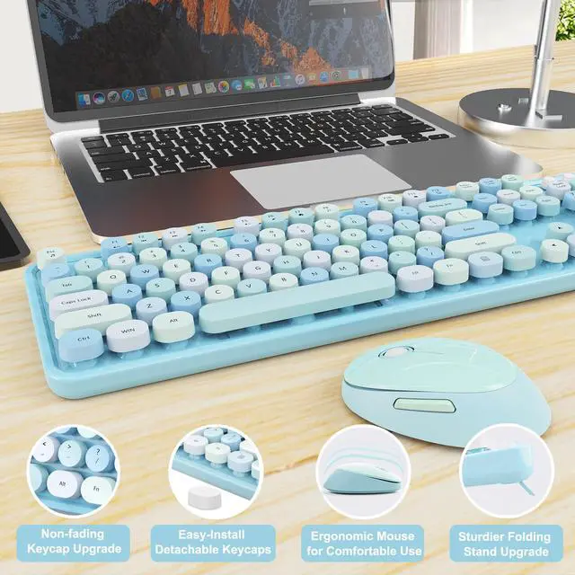 Alt view image 6 of 7 - Wireless Keyboard and Mouse Combo, Ergonomic Full Size Typewriter Retro Round Keycaps Keyboard, Compatible with Windows, PC, Perfer for Home and Office Keyboards (Blue