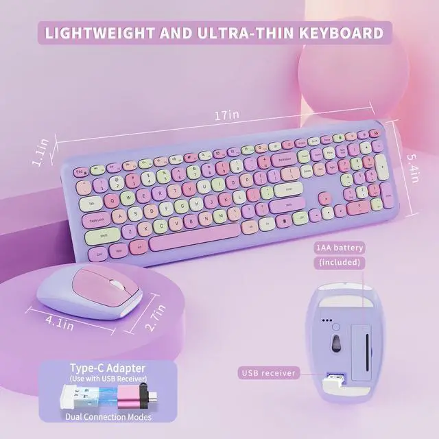 Alt view image 4 of 7 - Wireless Keyboard and Mouse Combo, Colorful Ergonomic Full Size Retro Low-Noise Keyboard with Cute keycaps, Compatible with Windows, PC, Perfer for Home and Office Keyboards (Purple)