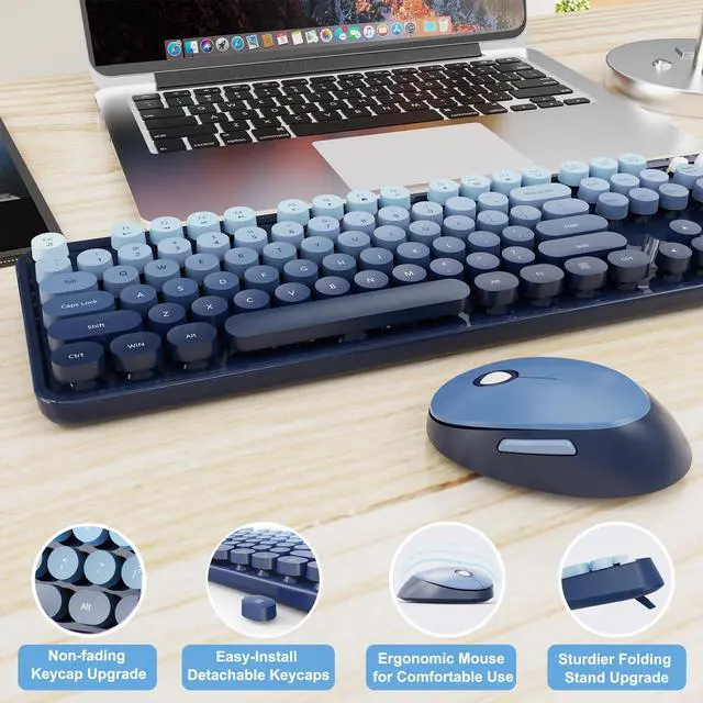 Alt view image 6 of 7 - Wireless Keyboard and Mouse Combo, Ergonomic Full Size Typewriter Retro Round Keycaps Keyboard, Compatible with Windows, PC, Perfer for Home and Office Keyboards (Twilight Blue