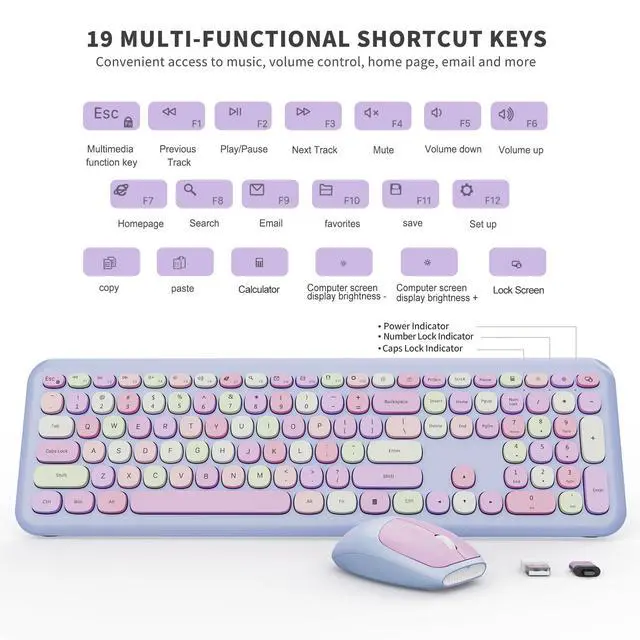 Alt view image 3 of 7 - Wireless Keyboard and Mouse Combo, Colorful Ergonomic Full Size Retro Low-Noise Keyboard with Cute keycaps, Compatible with Windows, PC, Perfer for Home and Office Keyboards (Purple)